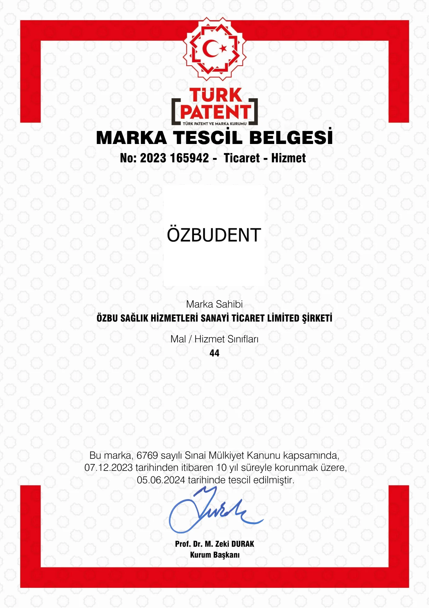 TÜRKPATENT Marka Tescil Belgesi — ÖzbuDent markası (No: 2023 165942, 44. sınıf)